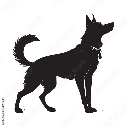 Black silhouette of a dog standing alertly with a collar and bell