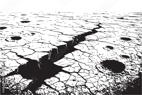 cracked dry earth with deep fissures, symbolizing environmental damage and climate change, line art icon set
