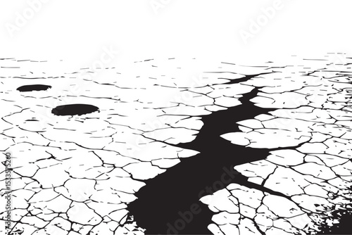 Cracked dry soil with visible fissures, showcasing arid conditions and drought, black and white illustration for environmental themes, line art icon set