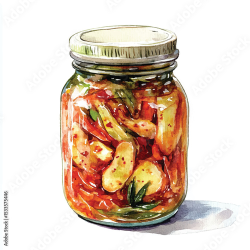 Watercolor Jar of Spicy Kimchi with Fresh Vegetables and Herbs