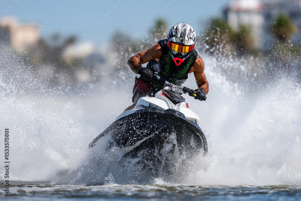 Naklejka premium Jet surfer speeding across the water, water spray, futuristic board, adrenaline and power, action shot,