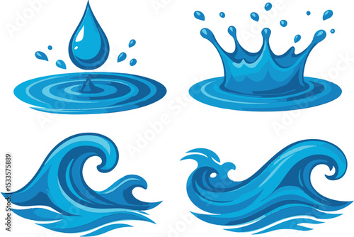 water drops, splash rings, and waves in blue, perfect for illustrating liquid dynamics, line art icon set