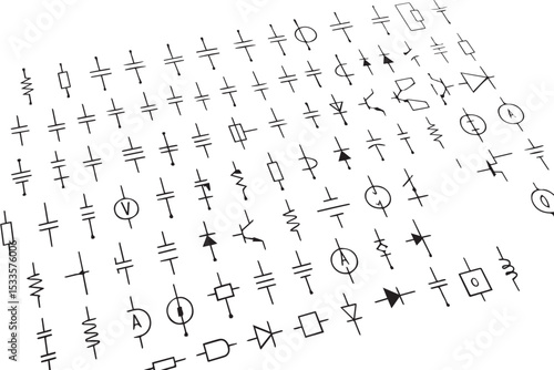 electronic component icons including resistors, capacitors, and diodes, perfect for circuit diagrams and technical designs, line art icon set