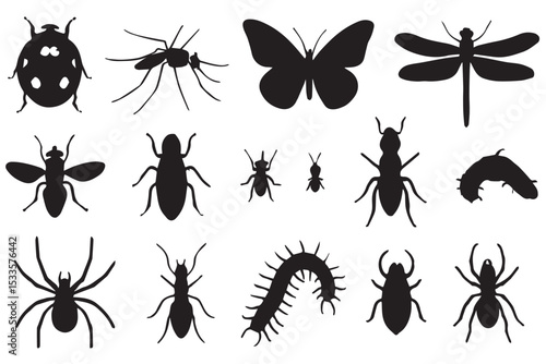 Various insect silhouettes including ladybug, mosquito, butterfly, and spider, ideal for nature and entomology themes, line art icon set