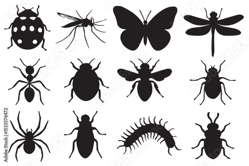 silhouettes featuring insects such as ants, beetles, dragonflies, and more, perfect for bug and wildlife illustrations, line art icon set