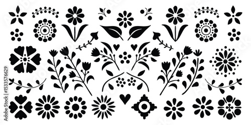 Floral pattern with various flowers, leaves, branches and hearts in black and white color scheme design