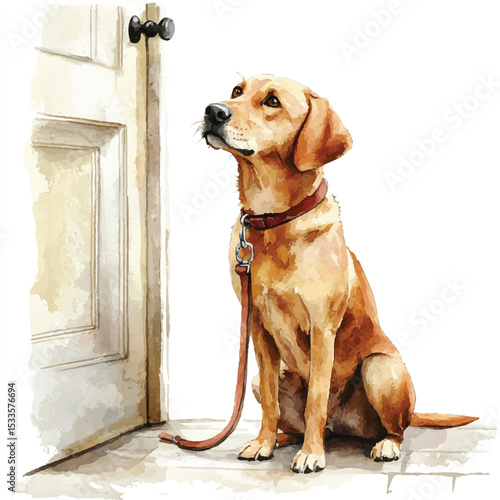 Watercolor Labrador Retriever Patiently Waiting Beside a Closed Door Leash Attached