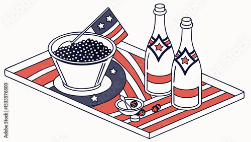Illustration of a tray with caviar, champagne bottles, and a small bowl with berries and american flag