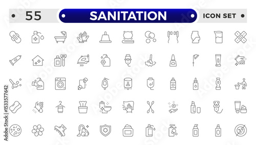 Sanitation web icon collection. Includes thin line men, sponge, hand, cleaning, dust, wash and more. Outline icon collection.