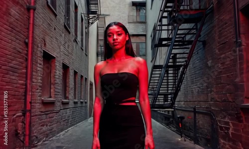 Glamorous young woman in a black dress poses with elegance on an urban street