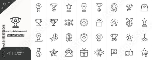 Award and achievement line icon set, Editable Vector Icons – Awards & Recognition, Achievement and Badge Outline icon, Trophy Line Icons, new