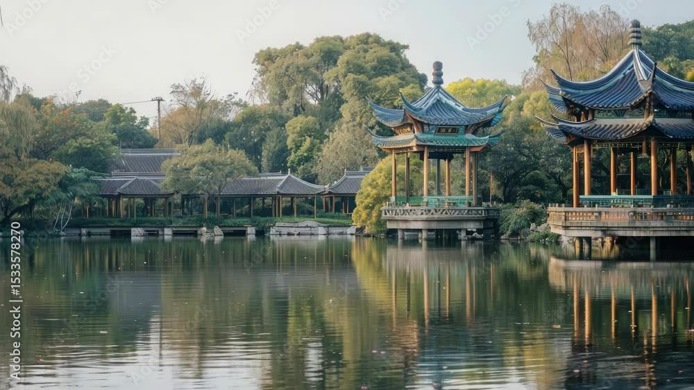 A group of pavilions situated on the surface of a serene lake, suitable for outdoor events or relaxation A group of pavilions situated on the surface of a serene lake, suitable for outdoor events or relaxation