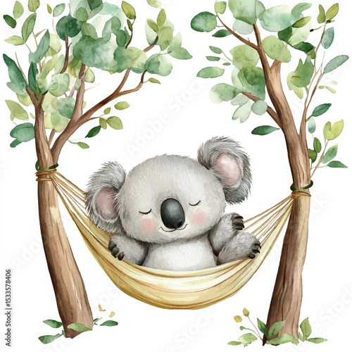 Watercolor Koala Sleeping Peacefully in a Hammock Between Eucalyptus Trees
