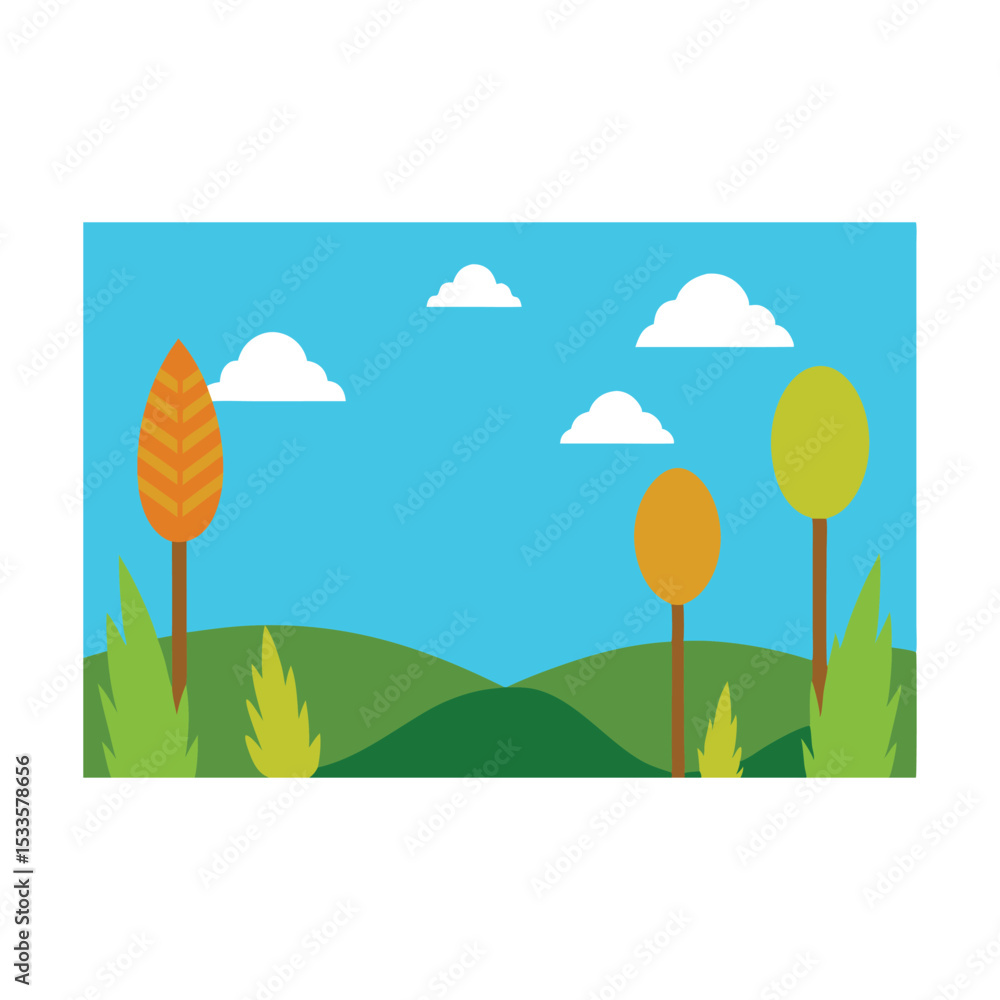 Fototapeta premium Autumn landscape with trees, green grass, and a sunny sky