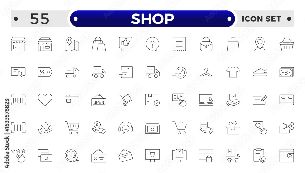 Shopping and Shop outline icon set. Online shopping, store, delivery, promotion and shopping cart symbol. Shopping and Shop outline icon set. Online shopping, store, delivery, promotion and shopping cart symbol.