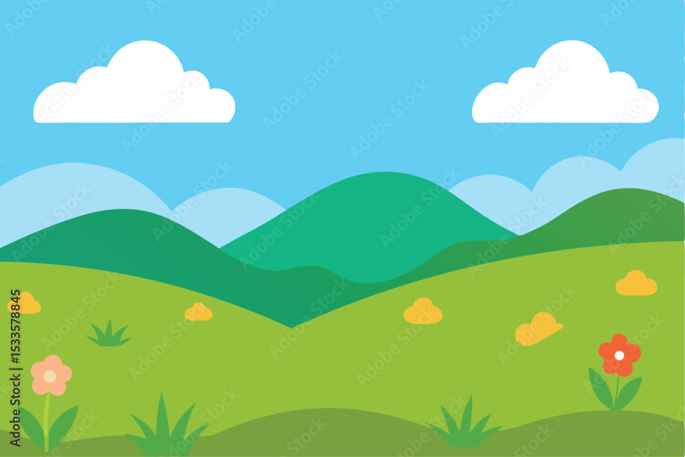Vibrant summer landscape vector illustration with green hills, mountains, and a clear blue sky with clouds Vibrant summer landscape vector illustration with green hills, mountains, and a clear blue sky with clouds