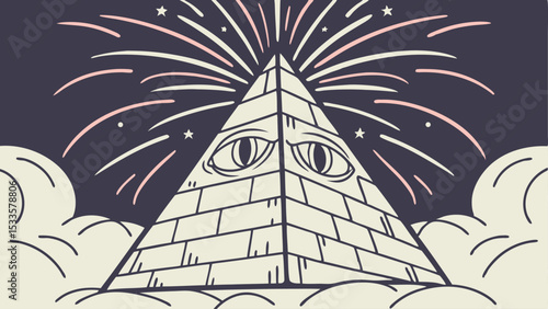 Illustration of a pyramid with eyes and radiating lines against a dark background with clouds and stars