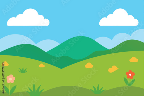 Vibrant summer landscape vector illustration with green hills, mountains, and a clear blue sky with clouds