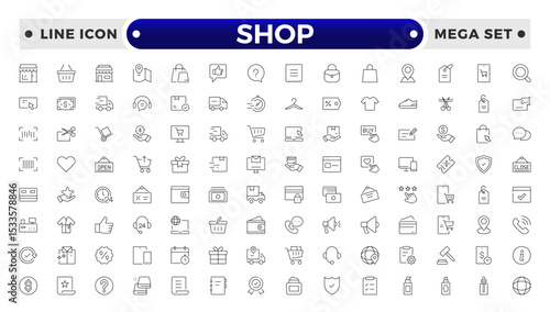 Shopping and Shop outline icon set. Online shopping, store, delivery, promotion and shopping cart symbol.