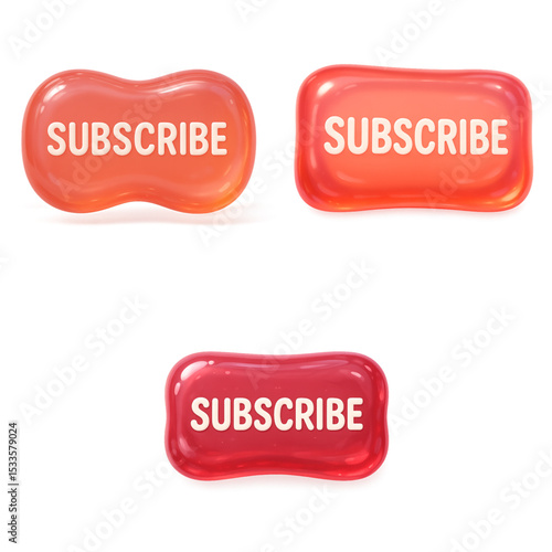 Playful subscribe button with squishy gel texture, glossy highlights, and translucent color on transparent background
