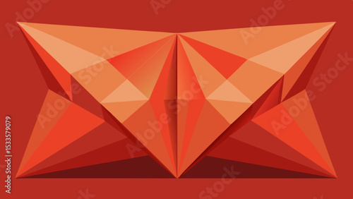 Abstract geometric composition of red and orange faceted forms on transparent background