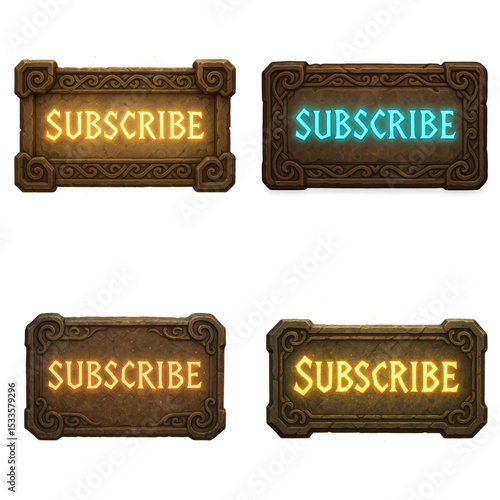Mystical subscribe button designed like a stone tablet with glowing runes, carved borders, and transparent background