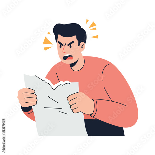 Man ripping paper in anger while expressing frustration indoors  