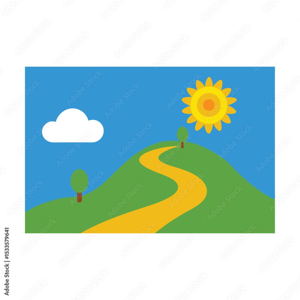 Fototapeta premium Sunlit summer landscape with a winding road through green fields and hills under a vast sky
