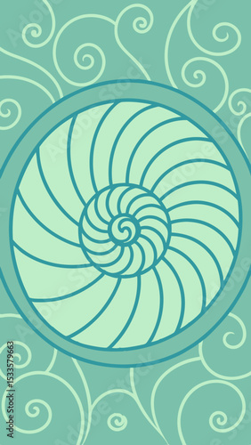 Abstract nautilus shell spiral design with swirling decorative elements on transparency