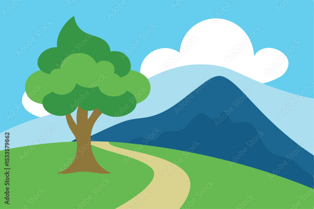Fototapeta premium Vector landscape illustration with trees, mountains, and a summer sky
