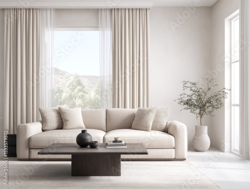 Wallpaper Mural Minimalist living room with beige sofa, dark wood coffee table, neutral rug, floor-to-ceiling curtains, and a potted plant, overlooking a scenic view Torontodigital.ca