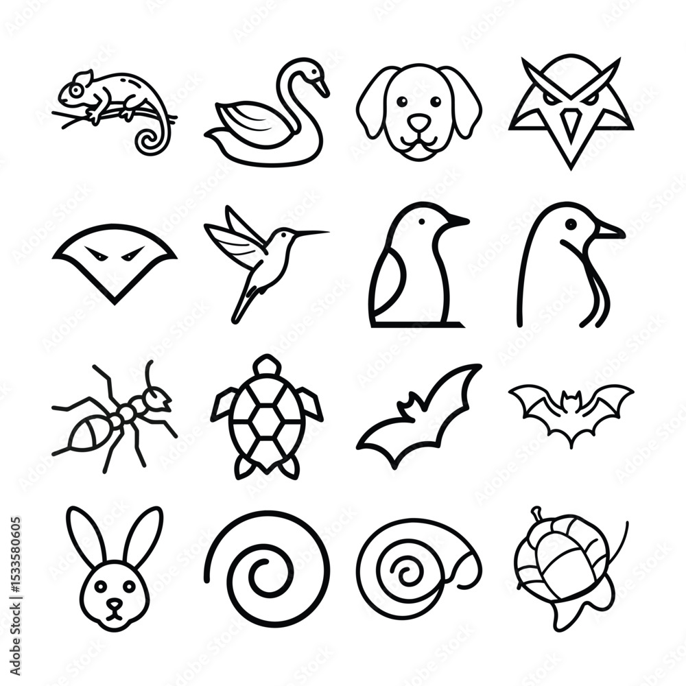 Fototapeta premium A collection of various animal and nature icons in a simple line art style