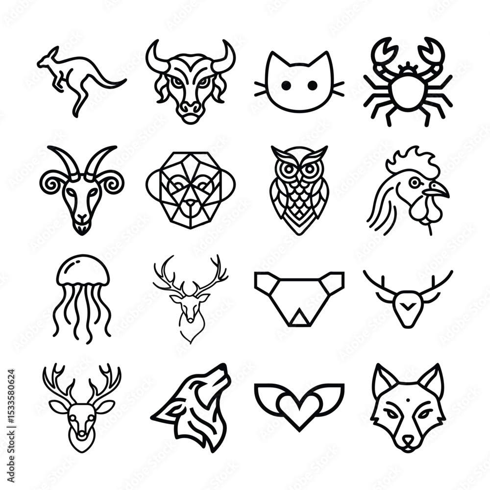 Fototapeta premium Collection of line art animal illustrations featuring various species