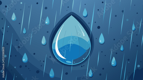 Cartoon illustration featuring raindrops and a large water droplet in blue tones