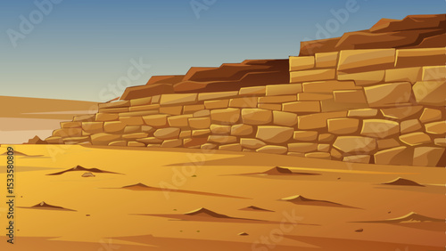 Cartoon depiction of an ancient desert ruin with stone walls and sandy terrain