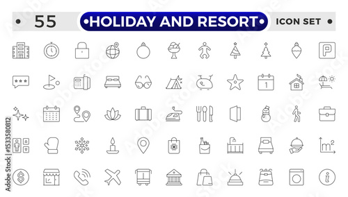 Holiday and Resort outline icon set. Summer travel icon set. holiday tour icons for app and website containing hotel sun camp mountain drink plane island.