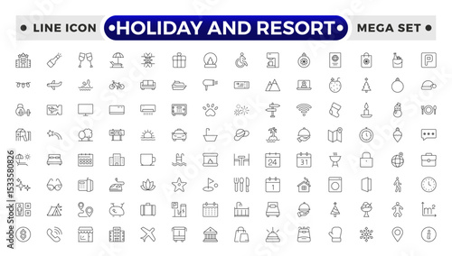 Holiday and Resort outline icon set. Summer travel icon set. holiday tour icons for app and website containing hotel sun camp mountain drink plane island.