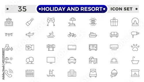 Holiday and Resort outline icon set. Summer travel icon set. holiday tour icons for app and website containing hotel sun camp mountain drink plane island.