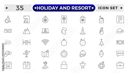 Holiday and Resort outline icon set. Summer travel icon set. holiday tour icons for app and website containing hotel sun camp mountain drink plane island.