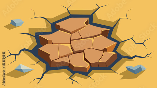 Cartoon illustration of a cracked surface with stone elements and cubes on a white background
