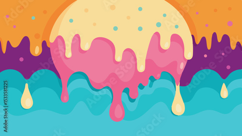Colorful abstract ice cream design with dripping elements on white background