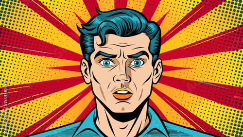 Comic book style portrait of a surprised man with bold color burst background