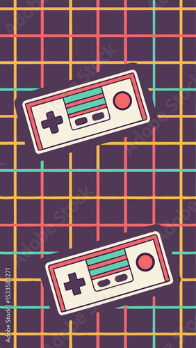Retro game controllers overlaid on a playful colorful grid pattern background