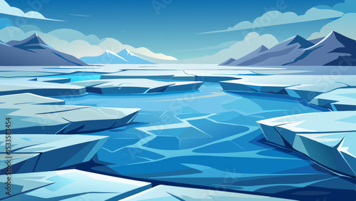 Scenic arctic landscape illustration with floating ice and mountainous backdrop