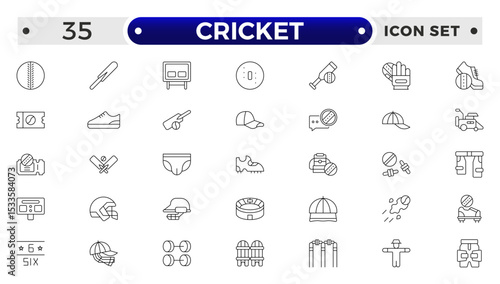 Cricket outline Icon Set. Bat, Ball, Wicket, Player & Match Vector Symbols Collection.