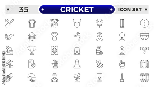 Cricket outline Icon Set. Bat, Ball, Wicket, Player & Match Vector Symbols Collection.