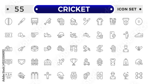 Cricket outline Icon Set. Bat, Ball, Wicket, Player & Match Vector Symbols Collection.