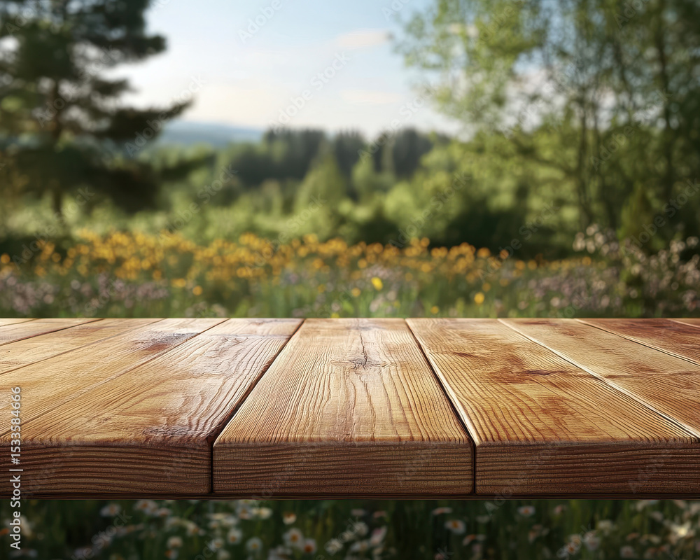 Fototapeta premium Wooden table with natural finish is set against vibrant, blurred background of sunny meadow filled with wildflowers and trees, creating serene outdoor atmosphere