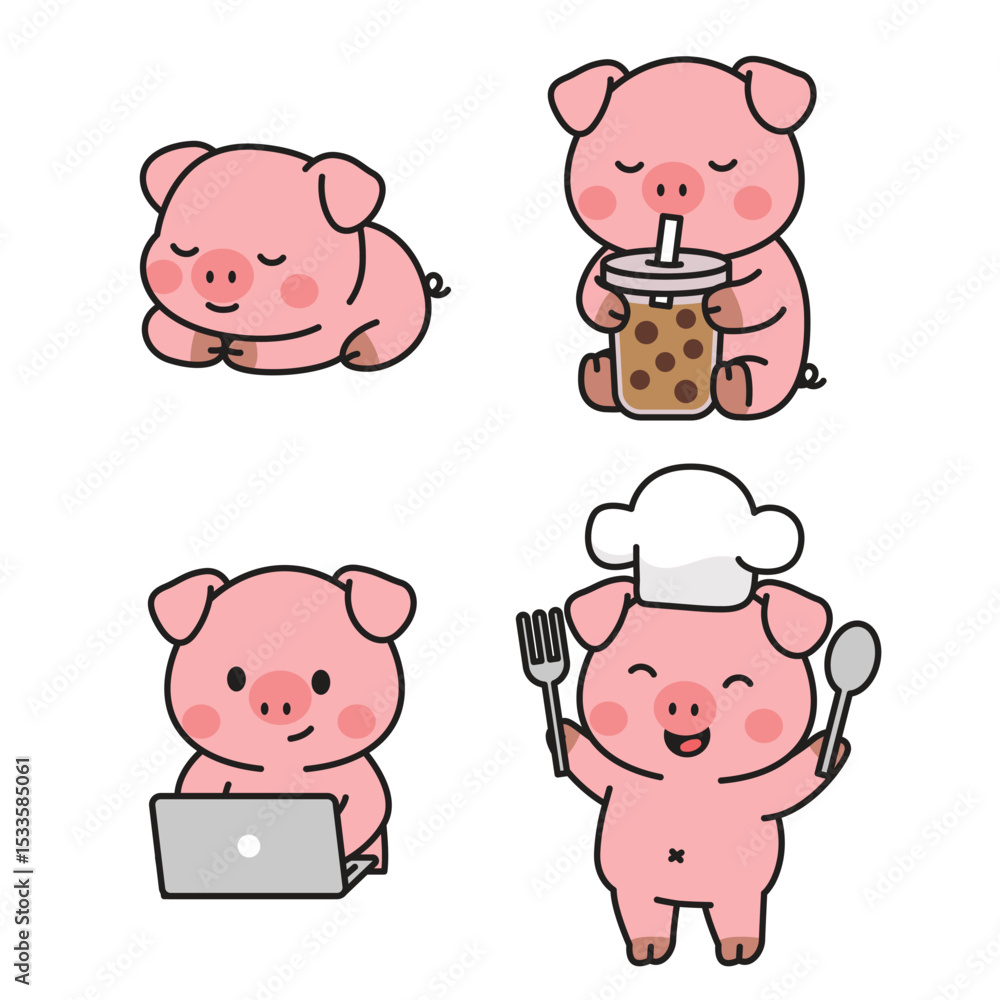 Cute Pig Cartoon Set Vector Illustration With Various Poses Cute Pig Cartoon Set Vector Illustration With Various Poses