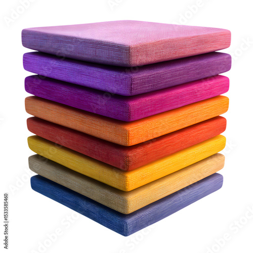 Stacked collection of colorful square fabric cushions showcasing texture and various vibrant hues against a dark background for design and decoration